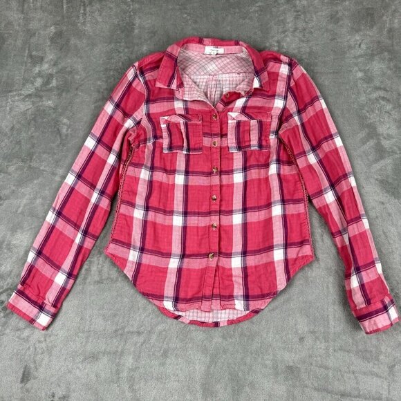 Maurices Small Pink Flannel Button Down Shirt Crochet Down Side Western Preppy - Picture 1 of 9